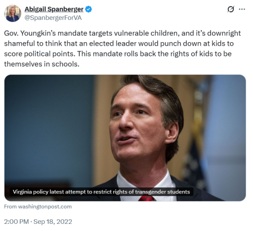 A tweet from Abigail Spanberger criticizing a mandate from Gov. Glenn Youngkin regarding transgender students, featuring a close-up image of Spanberger speaking.