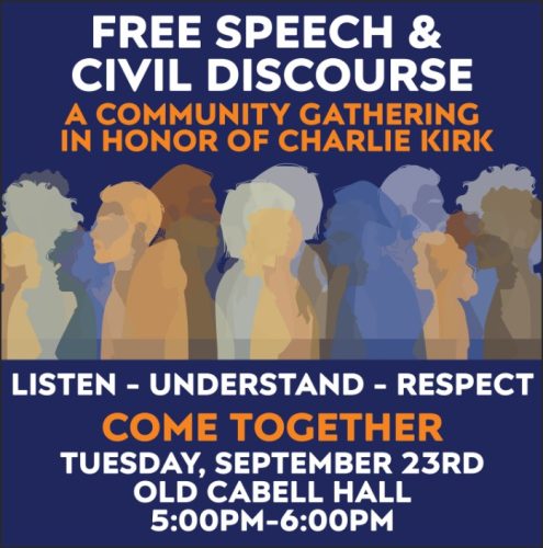 A graphic promoting a community gathering titled 'Free Speech & Civil Discourse' in honor of Charlie Kirk, featuring silhouettes of diverse people, with event details including date, time, and location.