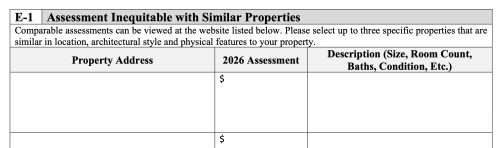 Form titled 'Assessment Inequitable with Similar Properties' for property tax appeal, featuring sections for property address, assessment amount, and descriptions of comparable properties.