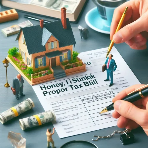 A miniature house model surrounded by toy figures reviewing a property tax bill, with cash and a coffee cup in the background.