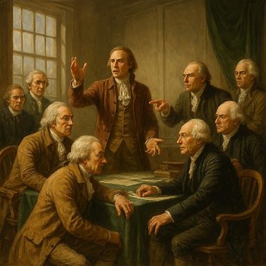 A historical painting depicting a gathering of Founding Fathers in a room, with one figure gesturing passionately while others listen intently around a table.