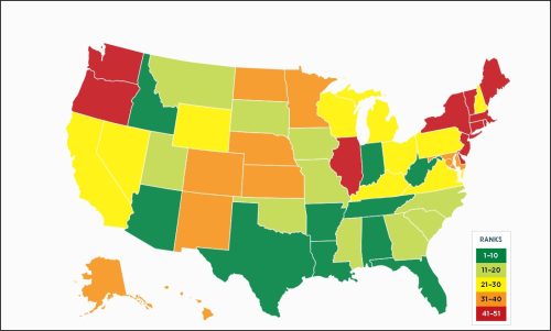A color-coded map of the United States showing different states ranked by specific criteria, with a legend indicating ranks from 1-10, 11-20, 21-30, 31-40, and 41-51 using different colors.