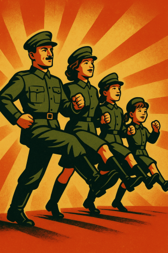 An illustration of four figures in military-style uniforms marching together against a backdrop of sunburst rays.