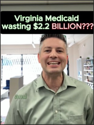 A man in a green shirt smiling, discussing Virginia Medicaid spending, with the text 'Virginia Medicaid wasting $2.2 BILLION???' in the background.