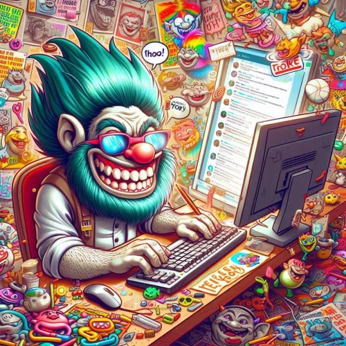 A colorful and cartoonish illustration of a grinning troll-like character with green hair, wearing glasses and a white shirt, sitting at a cluttered desk filled with various humorous characters and a computer displaying online comments.