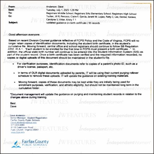Email from Dave Anderson regarding new guidance for Fairfax County Public Schools registrars on purging personal documents from student records.