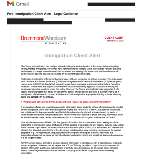 An email with the subject 'Immigration Client Alert' from Drummond Woodsum, providing legal guidance on how schools should respond to immigration enforcement actions targeting undocumented students.