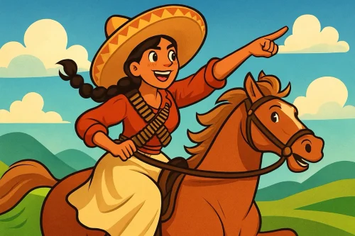 A young woman wearing a sombrero and traditional attire rides a brown horse, pointing into the distance against a colorful sky with clouds and hills.