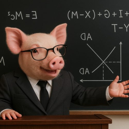A pig wearing glasses and a suit stands at a desk in front of a chalkboard with mathematical equations and a graph.