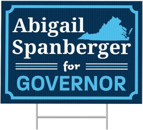 Campaign sign for Abigail Spanberger, featuring her name and the word 'Governor' against a blue background.