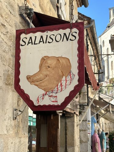 A sign hanging in a quaint street featuring a painted pig's head and the word 'SALAISONS', indicating a shop specializing in cured meats.