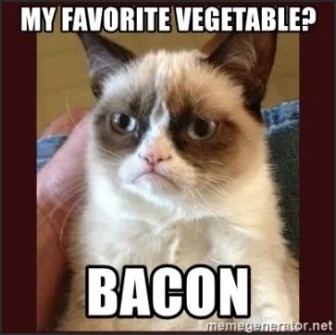 A grumpy-looking cat with a humorous caption stating 'My favorite vegetable? BACON.'