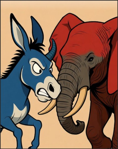 An illustration depicting a blue donkey symbolizing the Democratic Party, looking angry, facing off against a red elephant representing the Republican Party.