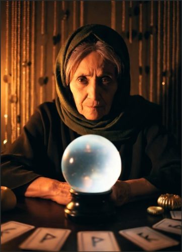 An elderly woman with a headscarf gazes intently at a glowing crystal ball, surrounded by tarot cards and decorative items.