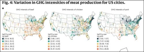 Map showing variation in greenhouse gas (GHG) intensities of meat production for US cities, depicting GHG intensity for beef, chicken, and pork with corresponding color-coded labels.