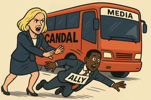 A cartoon depicting a woman in a business suit attempting to pull a man labeled 'ALLY' away from an oncoming bus labeled 'MEDIA' and 'SCANDAL'.