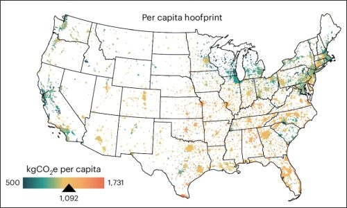 Map of the United States showing per capita hoofprint in kgCO2e, with color gradient representing varying levels from 500 to 1,731 kgCO2e.
