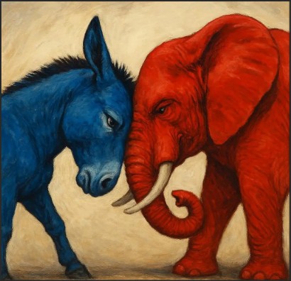 A blue donkey representing the Democratic Party and a red elephant representing the Republican Party face each other, their foreheads touching in a symbolic display of political rivalry.