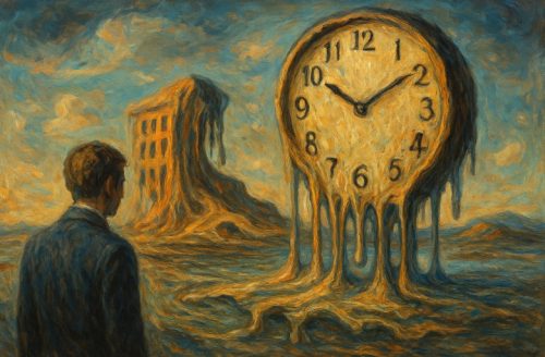 A surreal landscape featuring a melting clock and a figure in a suit gazing at a dilapidated building, symbolizing the distortion of time and reality.