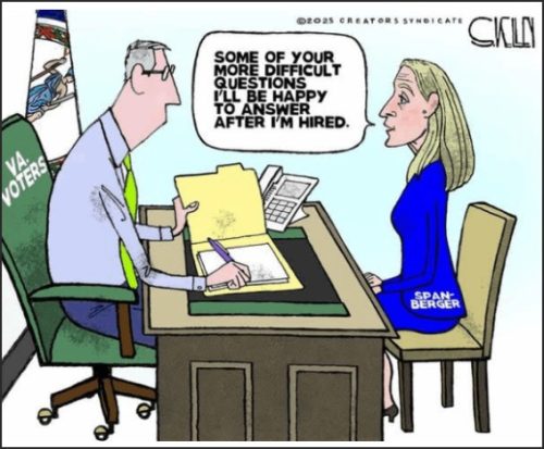 A cartoon depicting a politician sitting at a desk with paperwork, speaking to a woman, addressing voters' concerns with the comment about answering difficult questions after being hired.