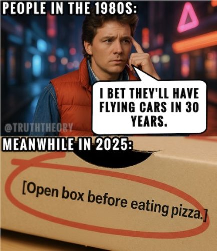 A humorous meme comparing expectations of the future from the 1980s with the reality of 2025, featuring a character looking surprised and a pizza box with instructions.