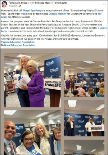 A group of political candidates, including Abigail Spanberger, Ghazala Hashmi, and Jay Jones, gathered at I.C. Norcom High School for a campaign event, surrounded by supporters and political banners.