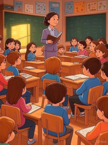 A teacher stands at the front of a classroom holding a book, while a group of attentive children sit at their desks, looking at her. The room is bright with sunlight and educational posters on the walls.