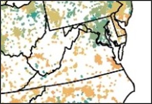 Map showing the carbon hoofprint measurements across various cities in Virginia and nearby regions, with color-coded indicators representing the carbon intensity of meat consumption.