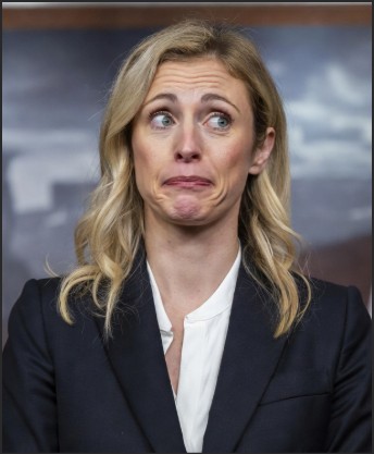 A woman with blonde hair wearing a dark blazer and white shirt looks slightly perplexed or amused in a formal setting.