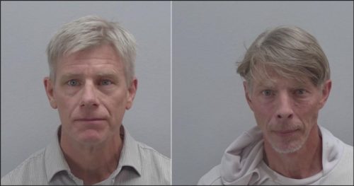 Two mugshot images side by side showing two men with different hairstyles and expressions.