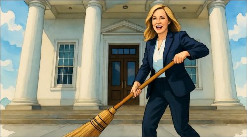 An illustrated image of a woman in a business suit holding a broom outside a large building with columns, smiling confidently.