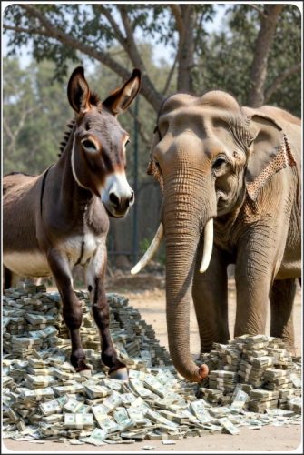 A donkey and an elephant standing next to large piles of cash.