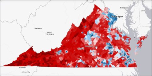 A map of Virginia showing various regions in shades of red and blue, indicating different data points or demographic information, with surrounding states and notable cities labeled.
