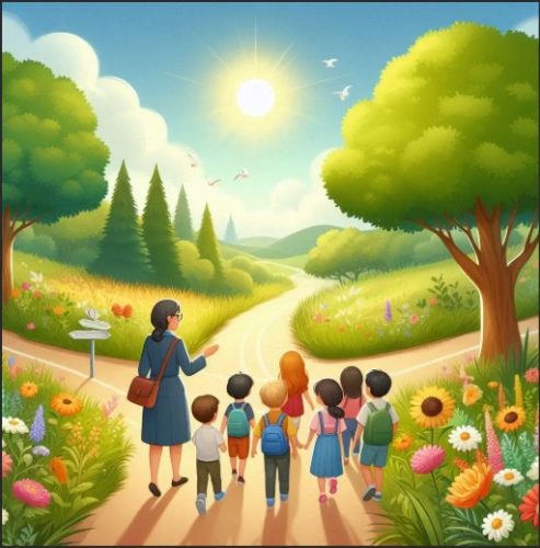 A teacher leading a group of diverse children down a scenic path, flanked by lush green trees and colorful flowers, under a bright sunlit sky.