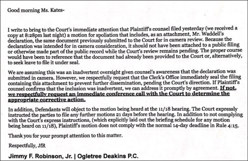 A formal email from attorney Jimmy F. Robinson, Jr. to the court, addressing a motion regarding the sealing of a document and instructing on the appropriate legal procedures.