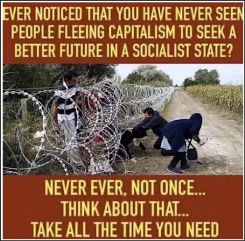 A group of individuals near barbed wire fencing, with a text overlay questioning why people do not flee from capitalism to socialism.