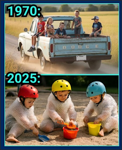 A split image comparing childhood activities in 1970 and 2025: the top shows children riding in the back of a vintage Dodge pickup truck, while the bottom features toddlers in protective gear playing in a sandbox with colorful buckets.