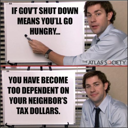 A man in a blue shirt stands next to a flip chart, presenting two statements about government shutdown and dependency on tax dollars.