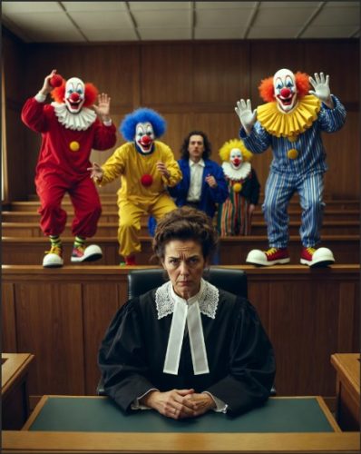 A serious-looking judge sits at the bench in a courtroom, while four clowns in colorful costumes playfully pose in the background.