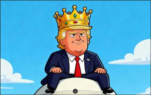 Cartoon depiction of a man with blonde hair wearing a suit and a crown, sitting on a round object against a blue sky with clouds.