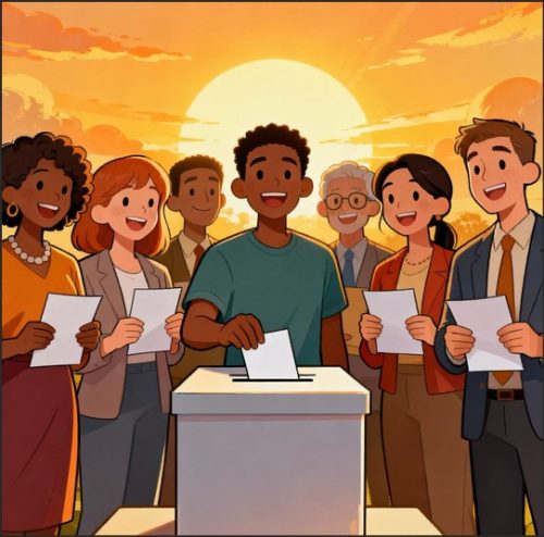 A group of diverse people smiling and participating in a voting process, with one individual placing a ballot into a box against a sunset backdrop.