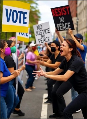 A group of people protesting in the street, holding signs that read 'VOTE', 'NO JUSTICE NO PEACE', and 'RESIST NO PEACE'. One woman in the foreground is passionately expressing herself while others appear engaged in the demonstration.