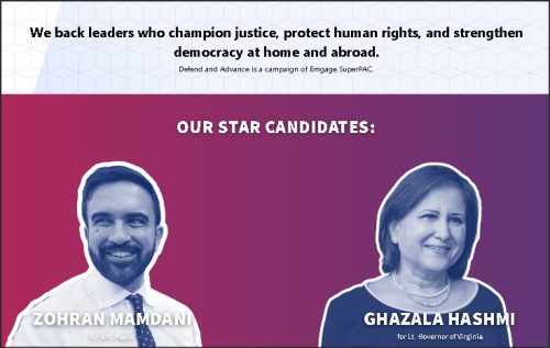 Promotional graphic supporting Zohran Mamdan and Ghazala Hashmi as candidates, emphasizing their commitment to justice, human rights, and democracy.