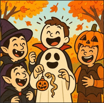 A group of children dressed in Halloween costumes, including a vampire, a ghost, and a pumpkin, joyfully celebrating in a colorful autumn setting.