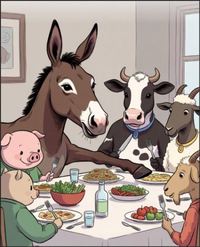 A group of animated farm animals, including a pig, cow, goat, sheep, and horse, are sitting around a dining table enjoying a meal together.