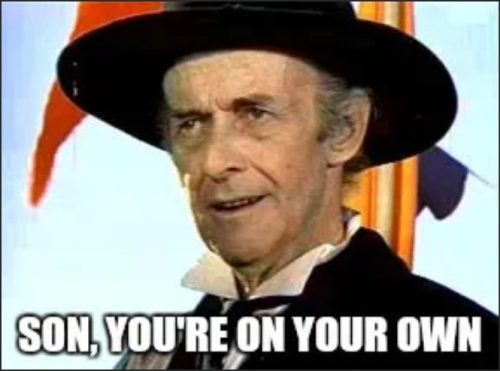 A scene depicting a character in a cowboy hat and coat, looking confidently with a serious expression, paired with the text 'SON, YOU'RE ON YOUR OWN.'