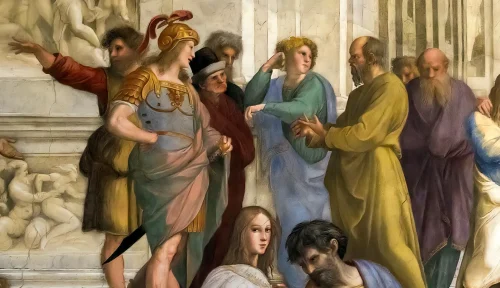 A group of historical figures engaged in a discussion, with one in armor representing a warrior and others in classical attire, set against a backdrop of detailed sculptures.