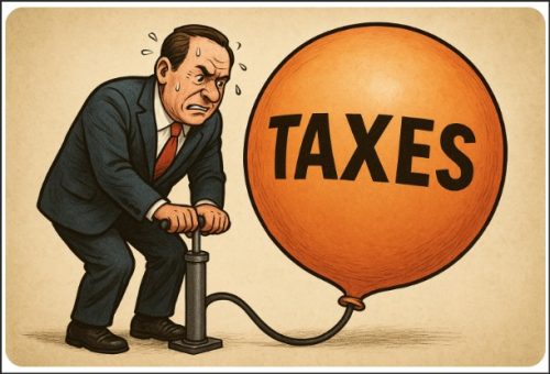 A distressed businessman in a suit pumping air into an oversized balloon labeled 'TAXES', symbolizing the pressure of rising taxes.