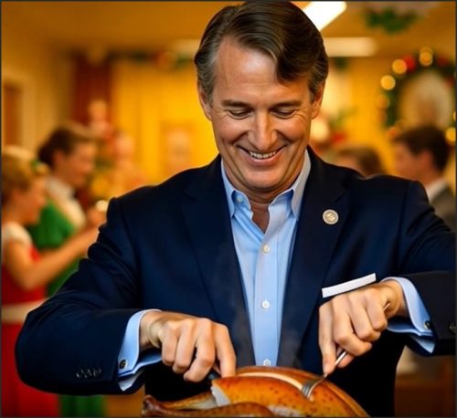A man in a suit carving a turkey, smiling at a Thanksgiving gathering, with festive decorations in the background.