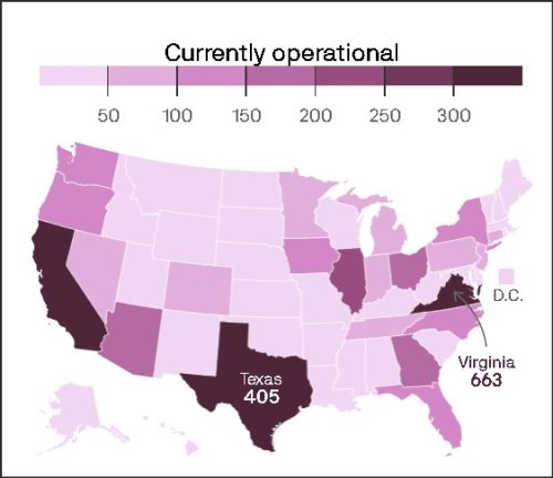Map of the United States showing states with varying shades of purple to indicate the number of operational facilities, with Texas and Virginia highlighted.